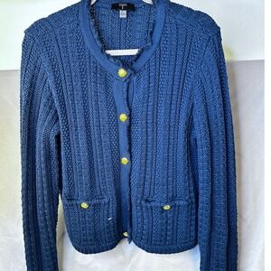 Tahari Jana Blue Knit Cardigan Jacket Gold Button Fringe Trim Large Lady Jacket